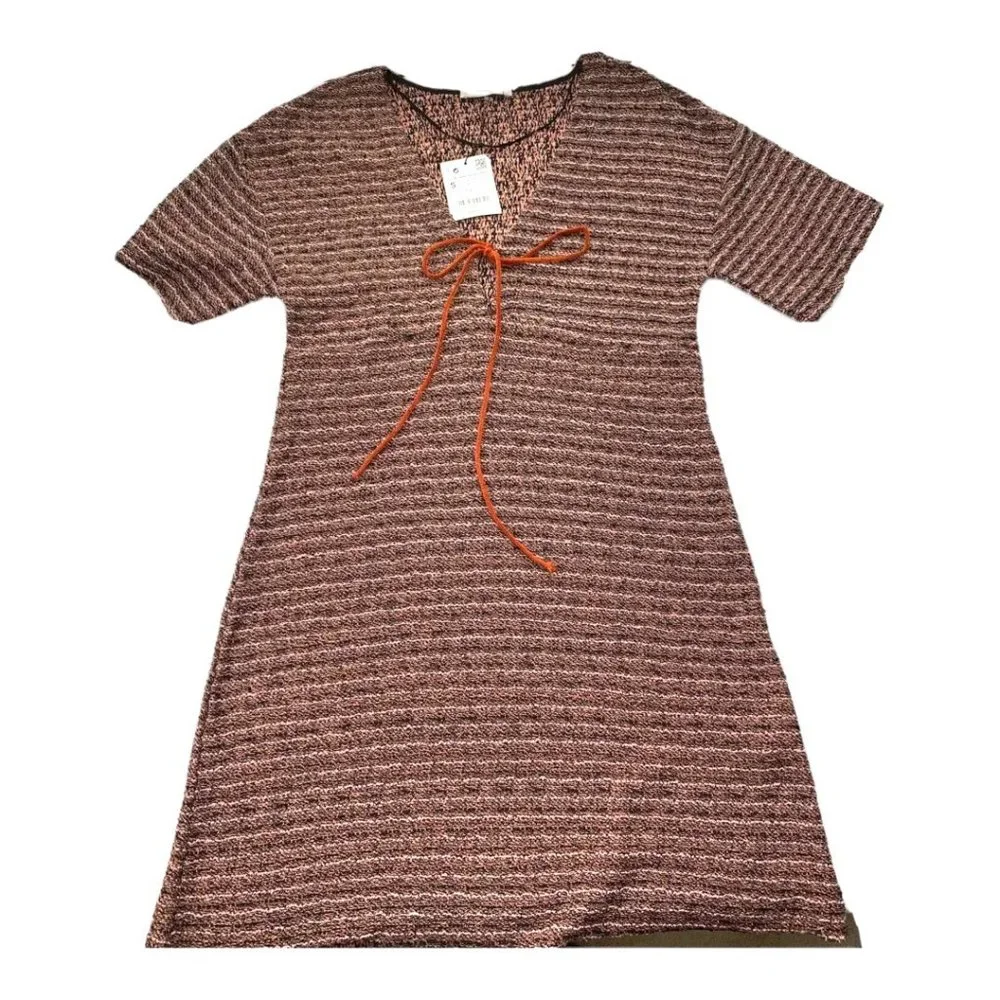 Zara Trafaluc Women's Knit Sheath Dress Fall Winter Tie Front Size S Striped NWT - Picture 7 of 11